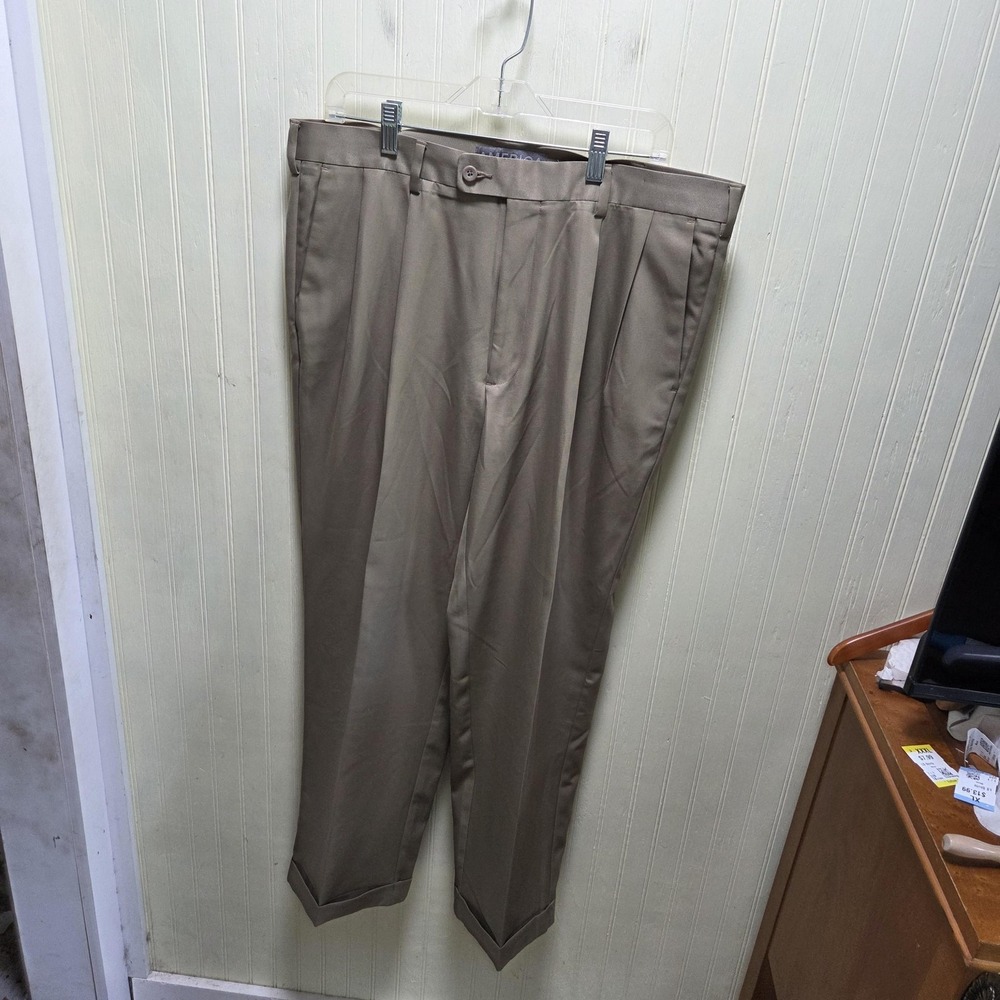 Perry Ellis America Dress Pants Mens 36x29 Beige Pleated Microfiber Cuffed
